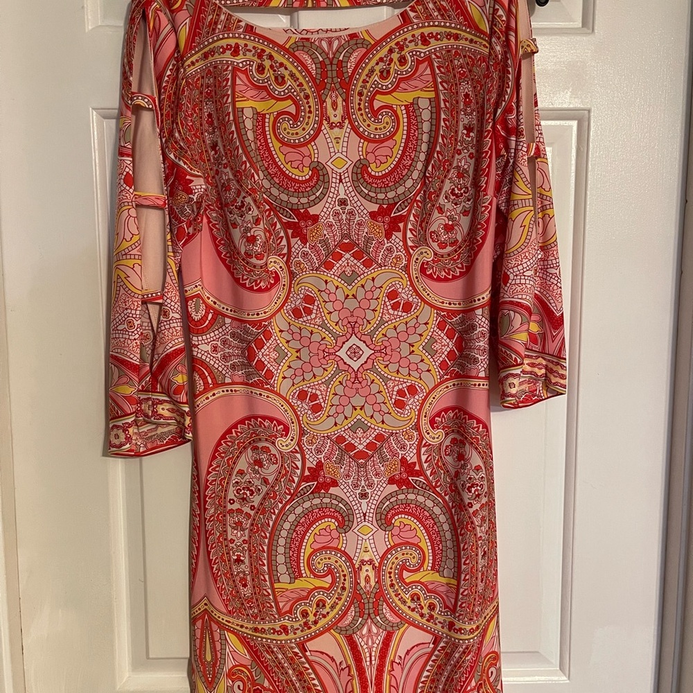 Sandra Darren Pink Orange Sheath Dress Square Neck 3/4 Sleeve